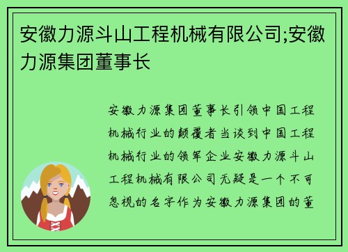 安徽力源斗山工程机械有限公司;安徽力源集团董事长